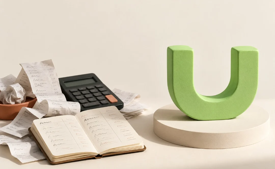 Un carnet de comptes, une calculatrice et des tickets froissés à côté d’un grand U vert, le symbole d’ULTRA.